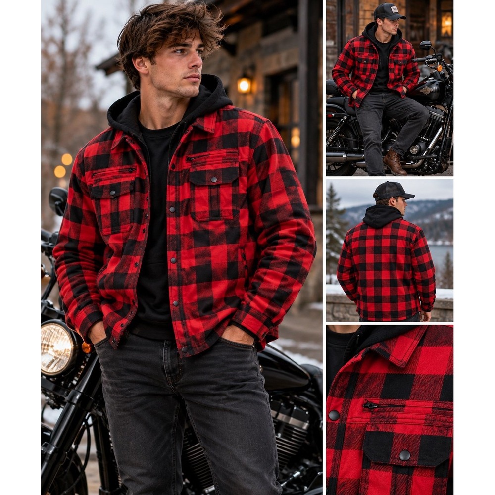 Vance Leather Plaid Black & Red Jacket, Motorcycle jacket w/shoulder pads